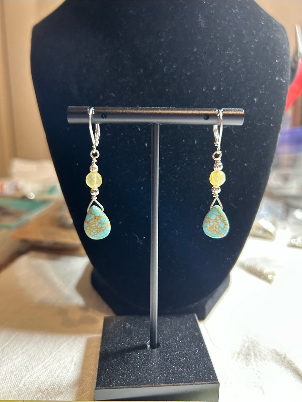 Turquoise Teardrop Dangle Earrings with Yellow Bead - Women Jewelry